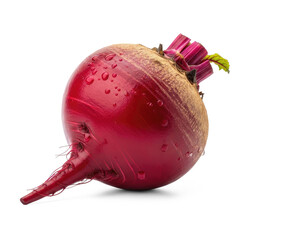 A single red beetroot with water droplets on a png transparent