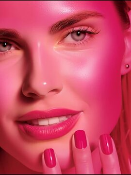 Radiant in Pink: A stunning portrait captures a woman with her fingers on her chin, bathed in the vibrant hues of pink. Highlighting her beauty with a touch of playful elegance.