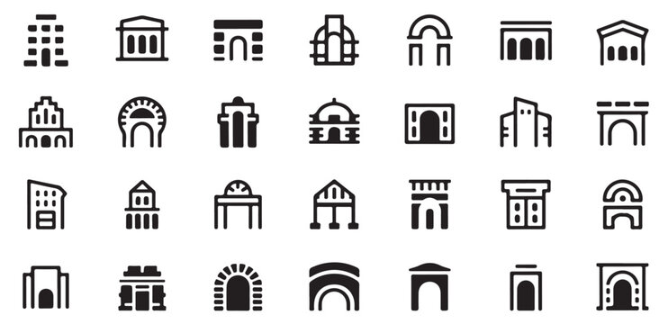 Architectural building icons set featuring various historic and modern structural silhouettes