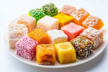 Assortment of Colorful Powdered Sugar Coated Confectionery Cubes on White Plate sweets desserts