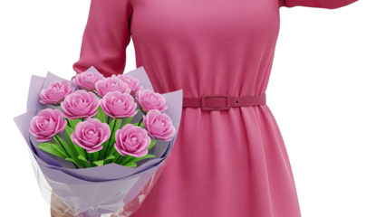 Woman in pink dress holding a bouquet of pink roses