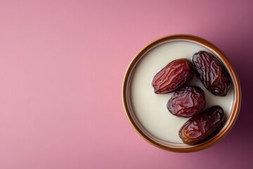 Four Glazed Dates on White Cream in Gold Rimmed Bowl on Pink Background fruit sweet