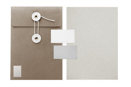 Stationery set png with string envelope folders, business cards, and pencils on transparent background