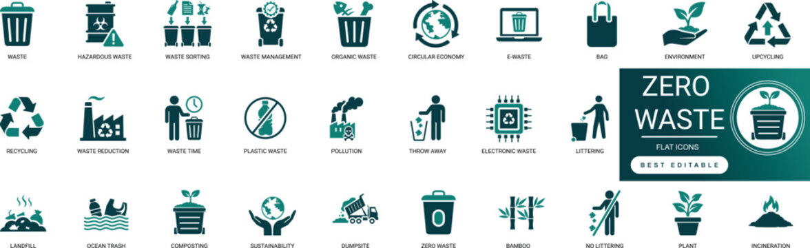 Zero Waste Eco Friendly Solid Icons for Sustainability and Plastic Free Living featuring Recycling Organic Reusable Nature Green Earth Professional Vector Set Editable