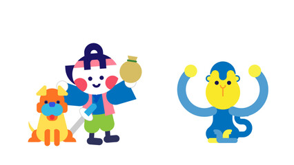 Obraz premium 宝を手にした桃太郎と仲間が喜ぶ日本昔話のかわいいイラスト