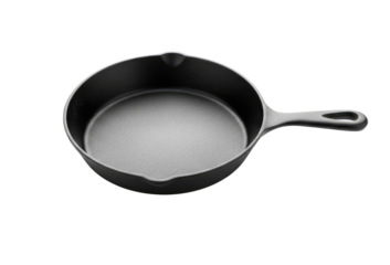 A black cast iron skillet with a handle on a png transparent
