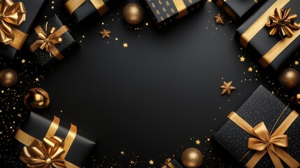 Black and Gold Christmas Gift Boxes with Glittery Decorations on Dark Background gifts presents