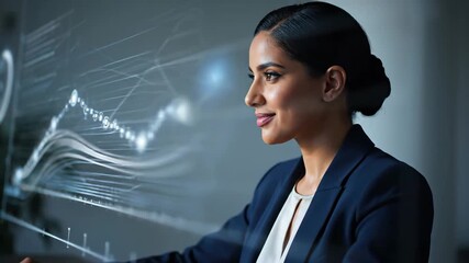 Confident businesswoman engaging with advanced holographic data visualization for strategic business analysis and future planning. Modern technology for financial success. - Powered by Adobe