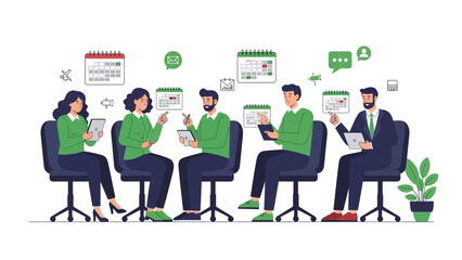 Business meeting with calendars, tablets, and communication icons