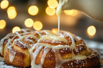 Close Up Cinnamon Rolls Drizzled With White Icing Glazed In Warm Light Soft Focus Background pastry dessert