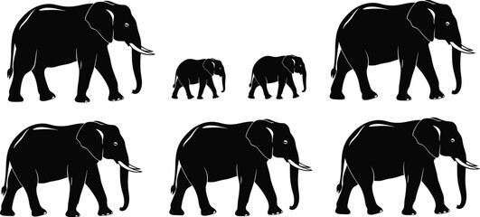Elephant silhouettes family walking set with adults and baby elephants wildlife safari animals black vector illustration isolated on white background © Sarjia Worlds