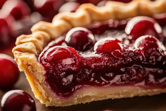 Slice of golden crust cherry pie with glossy red filling on dark background dessert pastry
