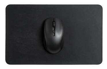 top view of wireless mouse on black mouse pad isolated on white background