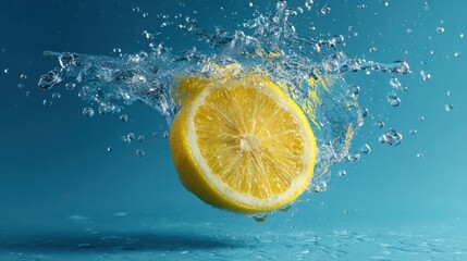 Splash of sliced lemon with water drops over blue background