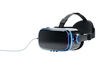 A VR headset with a black frame and blue lights on a png transparent
