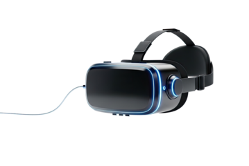 A VR headset with a black frame and blue lights on a png transparent