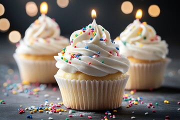 Three vanilla cupcakes with white swirled frosting colorful sprinkles and lit candles on dark surface