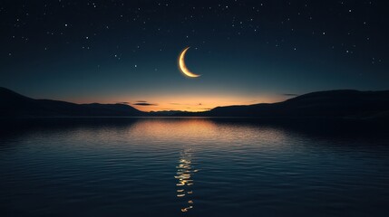 Nighttime Lakeside Scene With Crescent Moon Over Mountains And Starry Sky Reflection water