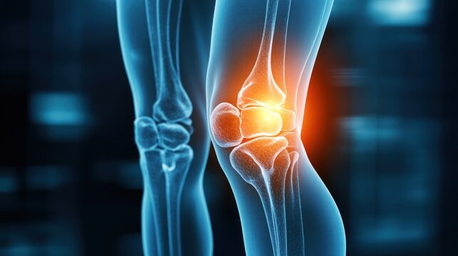Anatomical visualization of the human knee joint with focus on the patella and tibia, highlighting inflammation or injury with a glowing orange effect