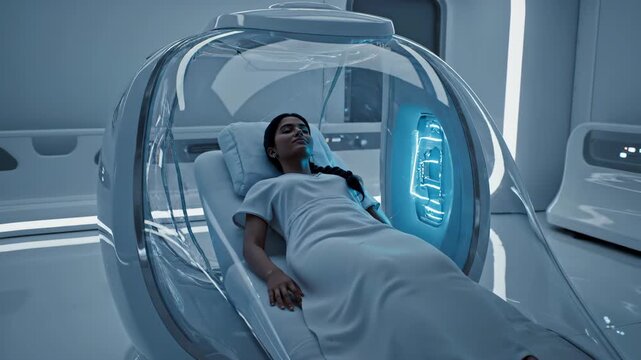 Patient Lying In Futuristic Medical Pod With Glowing Blue Energy Waves In A Sterile White Laboratory