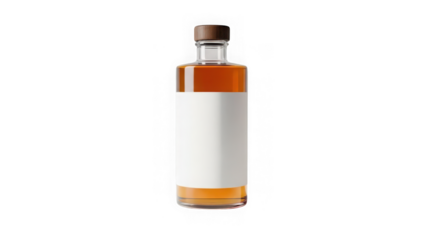 Glass bottle with amber liquid and blank label isolated on transparent background
