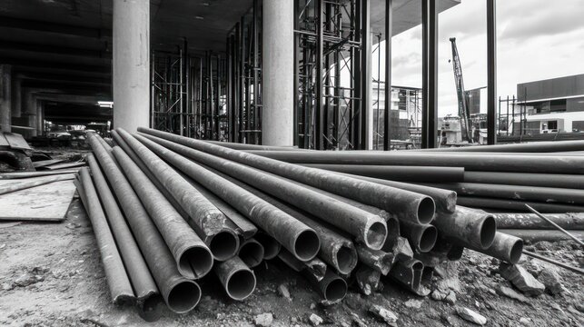 black and white monochrome image shows a pile of metal pipes lying in a construction site with cranes and structures in the background