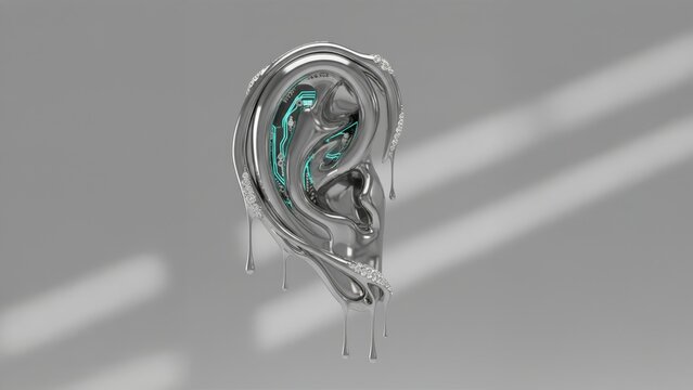 Futuristic Human Ear Concept with Chrome Liquid Metal and Cybernetic Circuitry