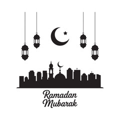 Obraz premium Ramadan Mubarak City Skyline with Lanterns and Crescent Moon