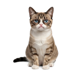A cat with striped fur and blue eyes sitting on a png transparent