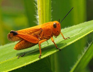 Fototapeta premium Close-up of an orange insect, likely a grasshopper, perched on a long, green blade of grass, against a softly blurred background