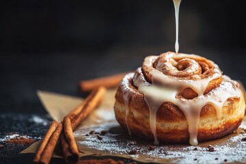 Close Up Cinnamon Roll Drizzling White Icing Glaze On Freshly Baked Pastry With Cinnamon Sticks cinnamonroll