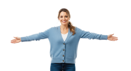 A woman in a blue cardigan with her arms outstretched, smiling and looking towards the camera.