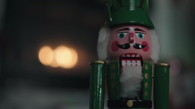 Green nutcracker stands before a cozy glowing fireplace