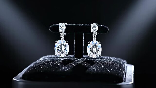 Sparkling Diamond Drop Earrings Elegant Jewelry Display on Black Velvet Stand Spotlight Lighting