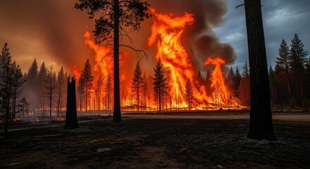 A forest fire rages through a dense forest, with flames consuming trees and creating a dramatic, fiery backdrop.