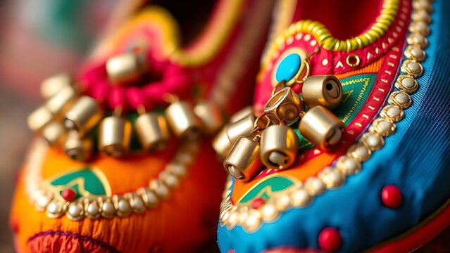jutti. Colorful traditional shoes decorated with tiny, trembling bells. event programs, museum guides, designed for cultural heritage projects and event programs, elevates cultural identity.
