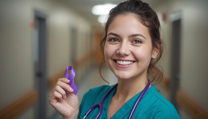 A smiling female nurse in teal scrubs holding a purple ribbon in a hospital hallway, symbolizing support and awareness for a health cause.