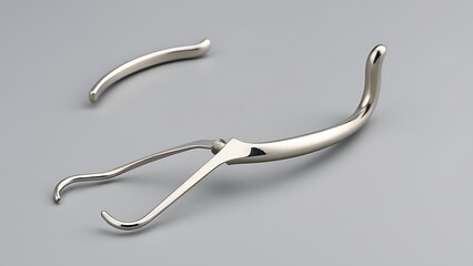 shortcoming. A stainless steel dental facebow isolated on a neutral background. STEM education sheets, lab safety posters, designed for biotech research communications, used by nutritionists.