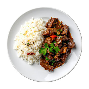 Savory malaysian beef serunding, a dry and fragrant meat floss, beautifully styled with white rice on a dark plate for a professional culinary image