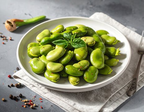 Close-up of broad beans in a white dish, garnished with basil and peppercorns, on a linen cloth and grey surface