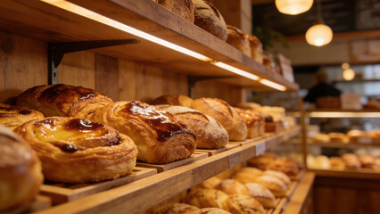 Cozy Bakery Display: Wooden Shelves with Warm Yellow Lighting Highlighting Flaky Pastries and Artisan Bread, Ideal for Food Marketing and Commercial Visuals.