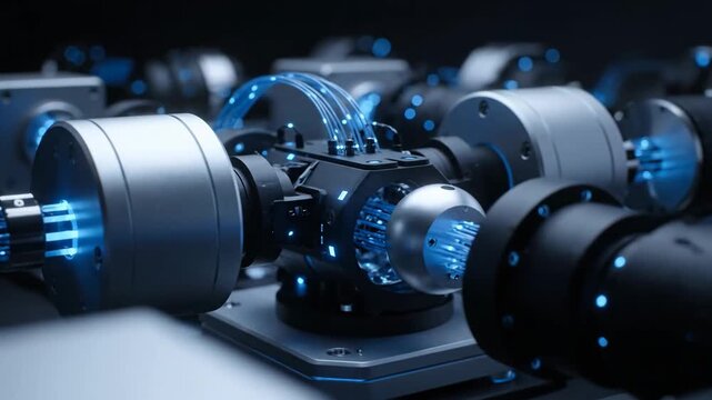 Digital data transmission through a high-tech network of glowing blue optical fibers and advanced components. Modern communication and technology.