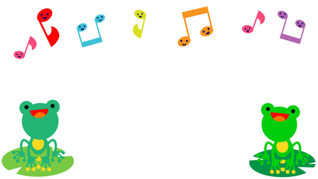 音符とカエルが並ぶ楽しい梅雨のかわいいイラスト背景