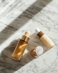 Amber Gold Amber Glass Bottles With Dropper And Pump On White Marble Surface