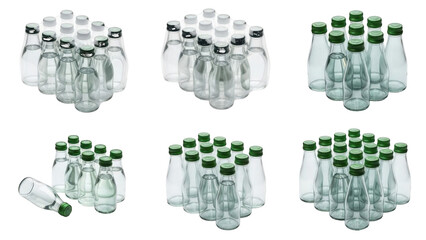 Six groups of clear glass bottles with green caps isolated on a transparent background