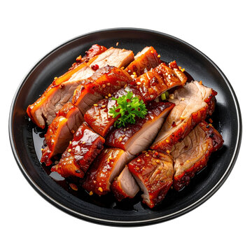 Char siu, chinese roasted barbecue pork with a sweet and sticky red glaze, served on a dark plate and isolated on white background