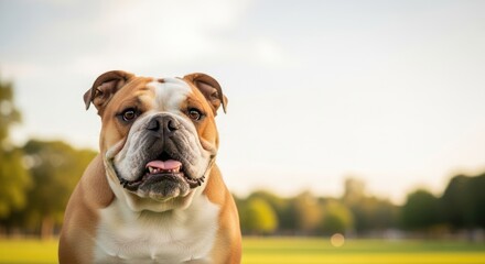 A bulldog with a brown and white coat standing in a grassy field with a blurred background.