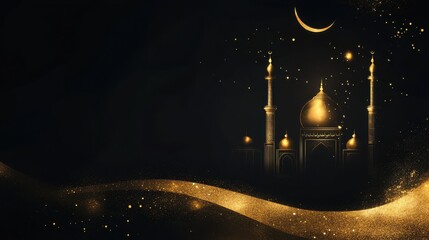 Night View Of Illuminated Mosque With Golden Dome And Minarets Under Starry Sky And Crescent Moon