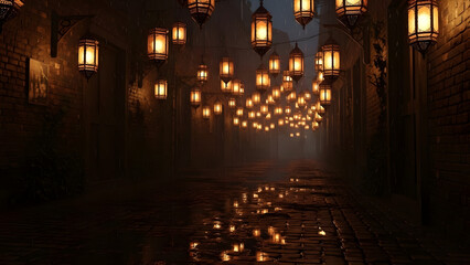 romantic old street at night with lanterns and candles