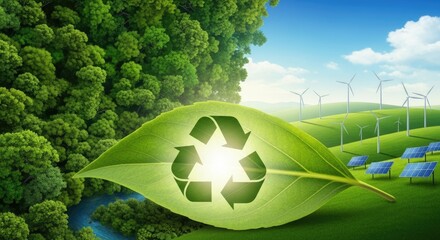 A green leaf with a recycling symbol on it, set against a backdrop of greenery and wind turbines.